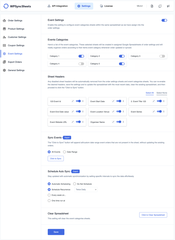 Create Event Settings