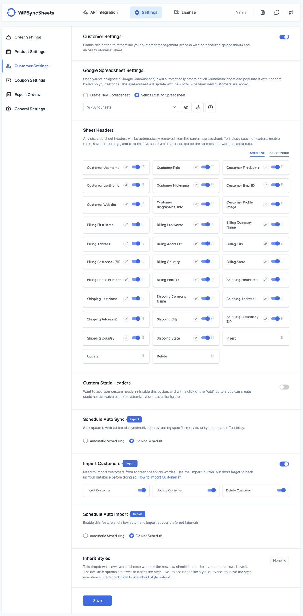 Create New Spreadsheet Customer Settings