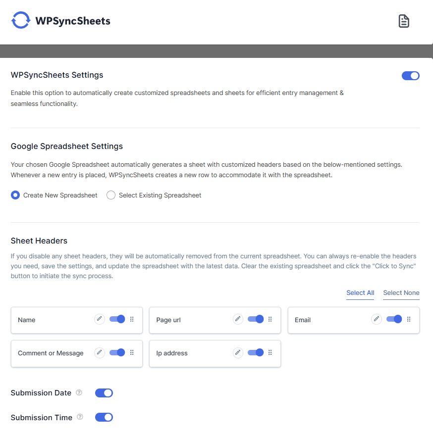 Create New Spreadsheet WPForms