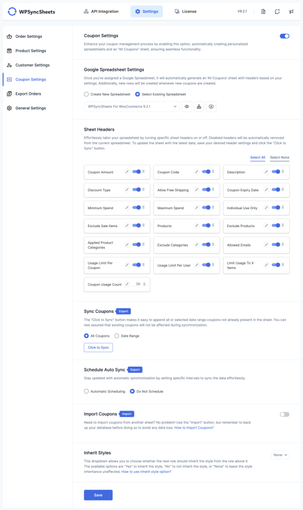Create New Spreadsheet Coupon Settings