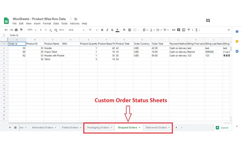Custom Order Status Sheets