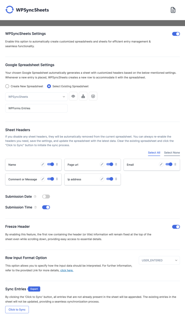 Existing Spreadsheet WPForms