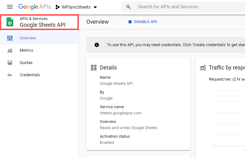 Click on Google Sheets API
