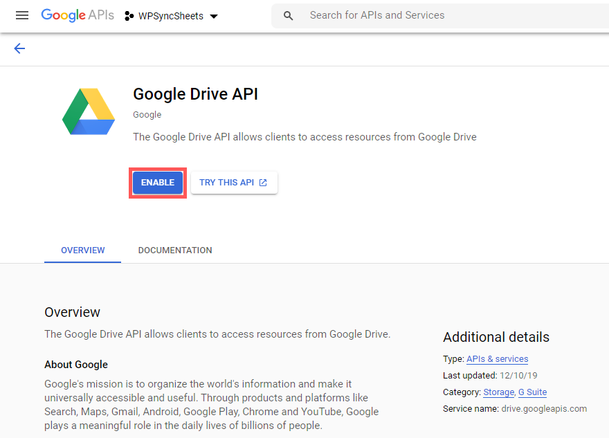 Enable on Google Drive API