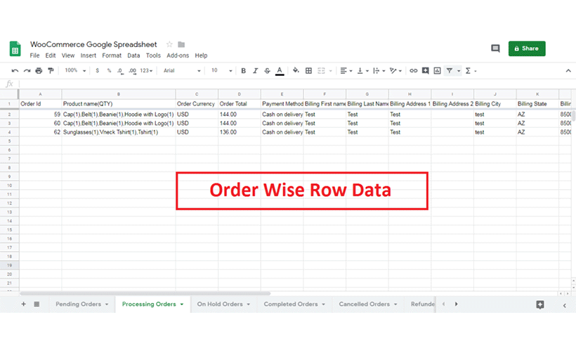 Order Wise Google Spreadsheet