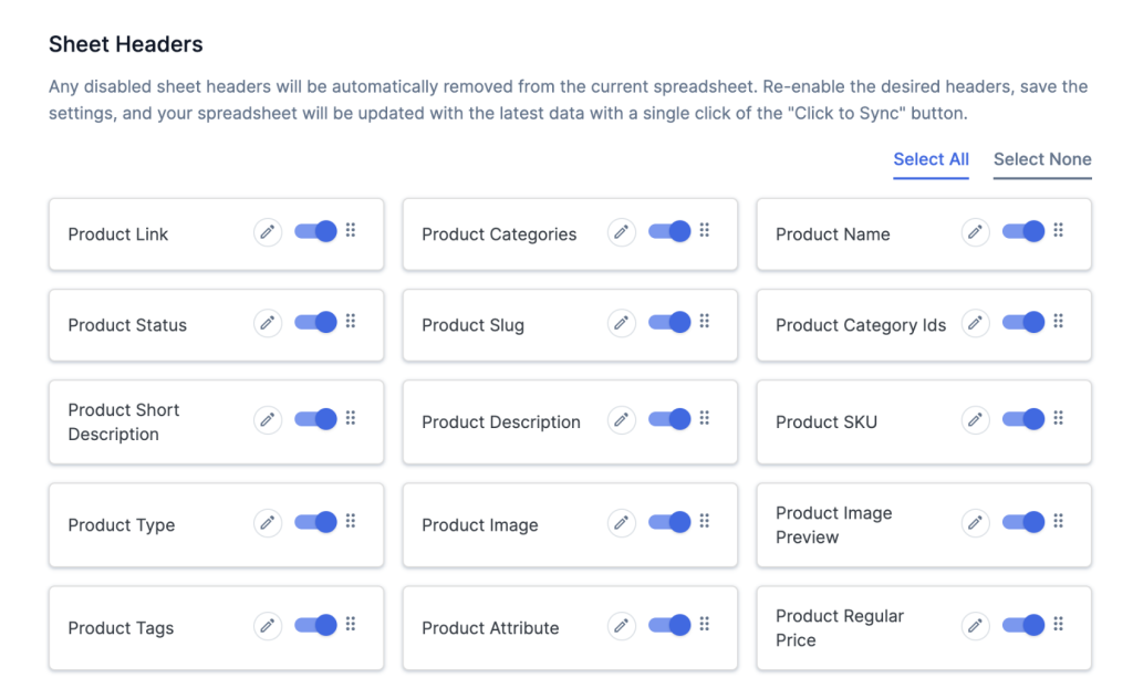 Product Name Sheets Header