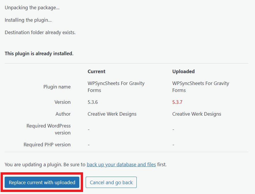Replace current with uploaded WPForms
