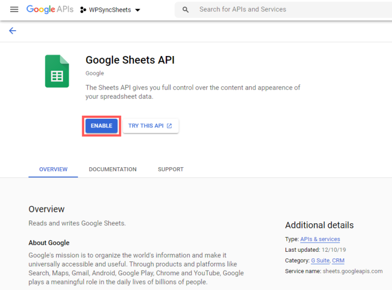 Google Sheets API Settings WPSyncSheets Documentations site