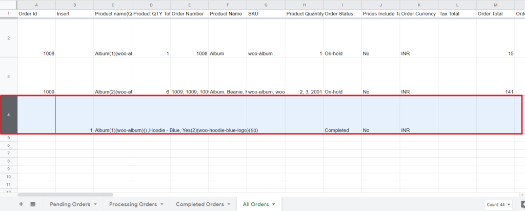 Insert Order Wise Sheet