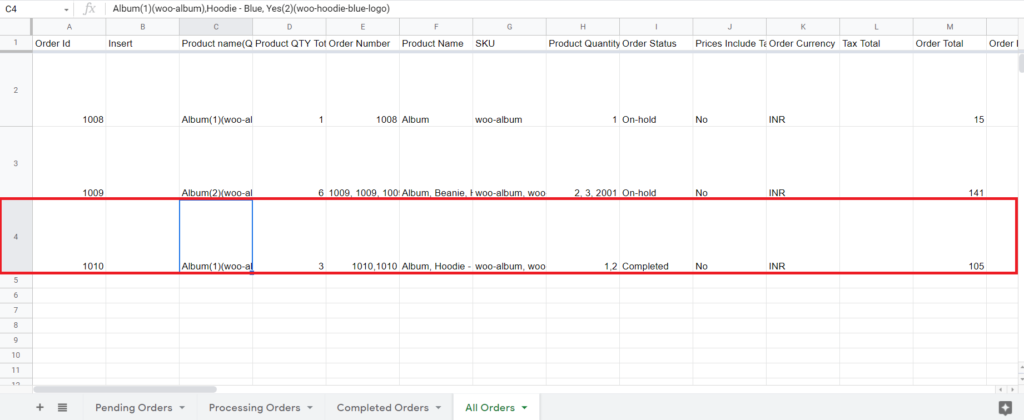Insert Updated Order Wise Sheet