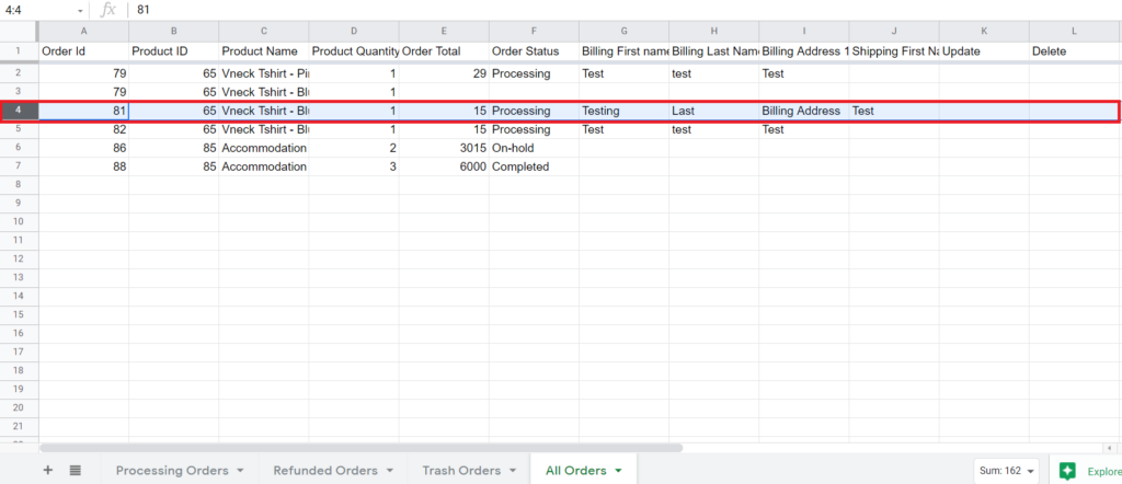 Save Update Order Sheet