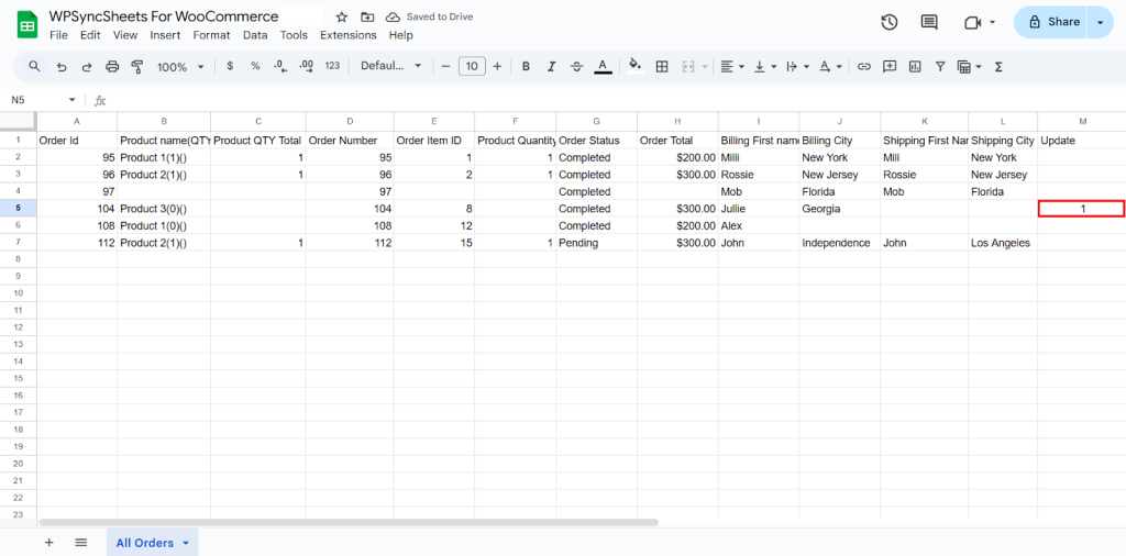 Update Order Column Sheet
