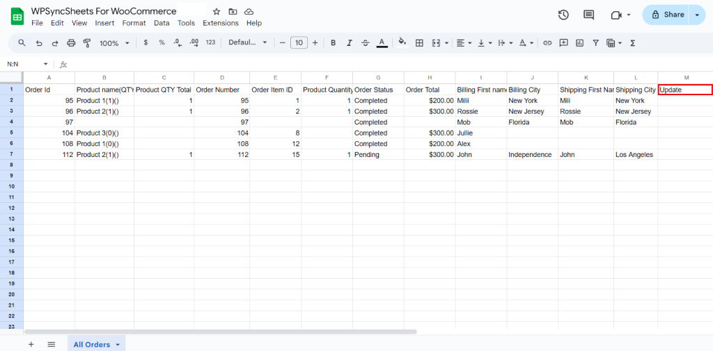 Update Order Sheet