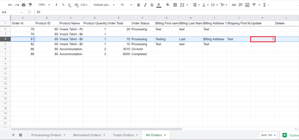 Update Order Sheet