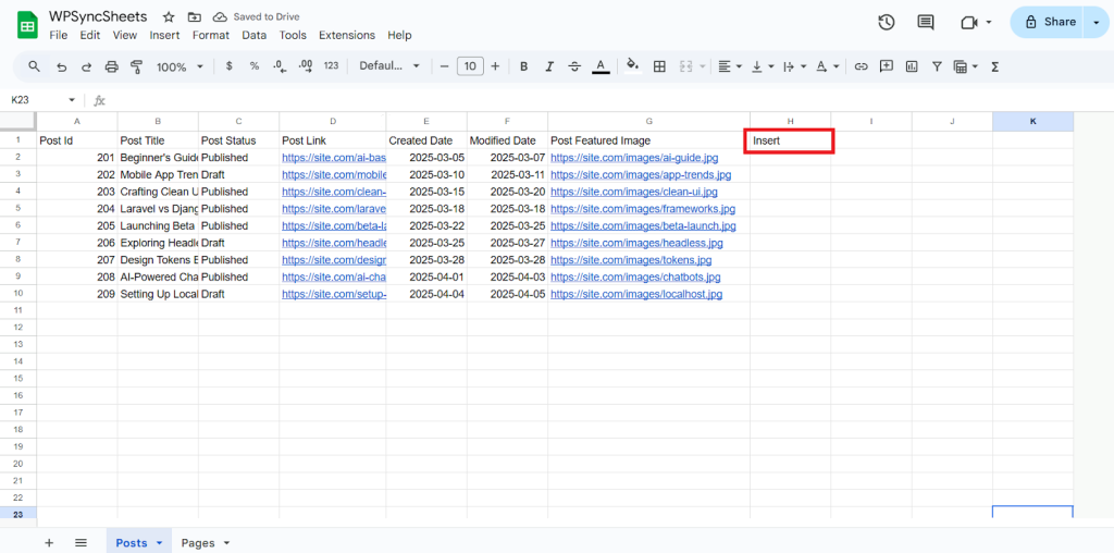 Insert in Google Sheet