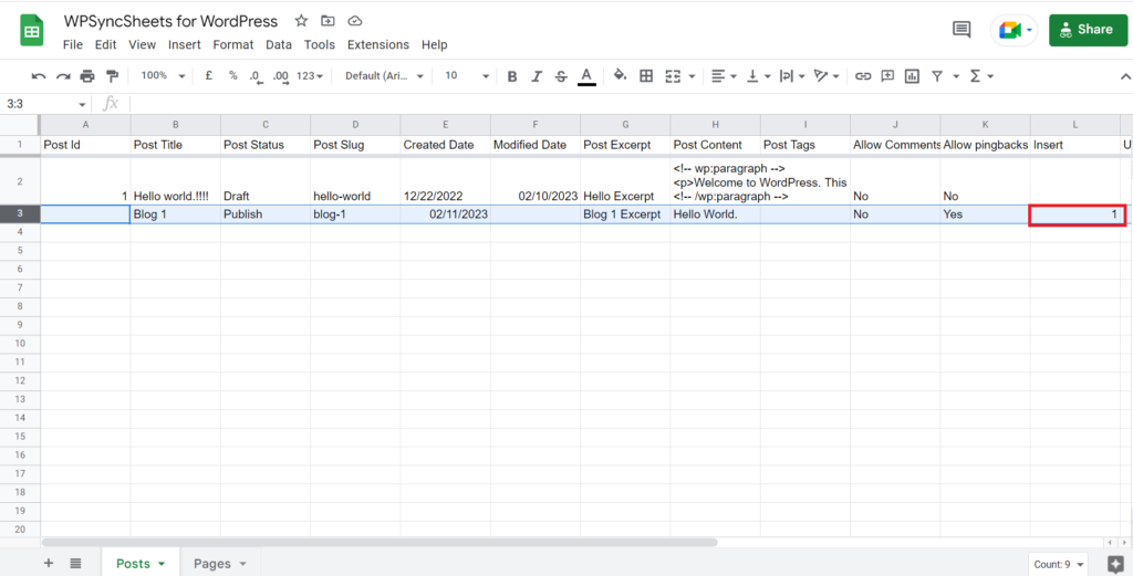 Core Insert Google Sheet