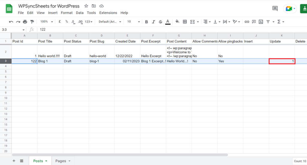 Update Column sheet