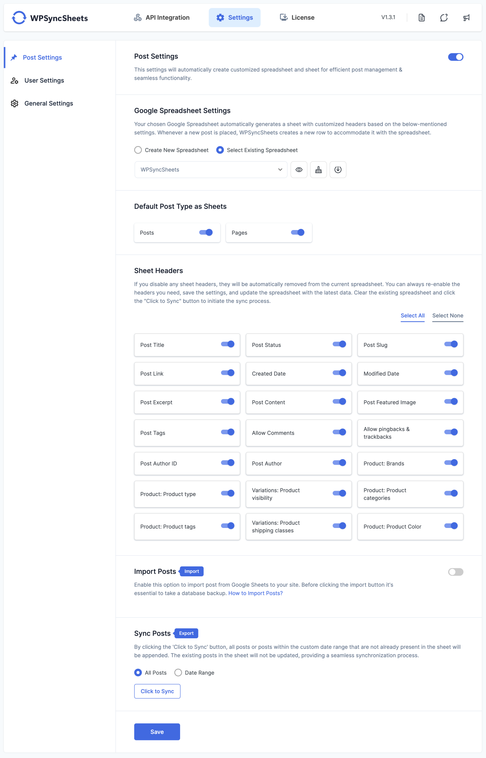 Create New Spreadsheets Post Settings