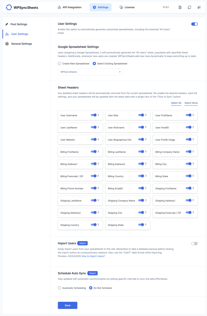 Create New Spreadsheets User Settings