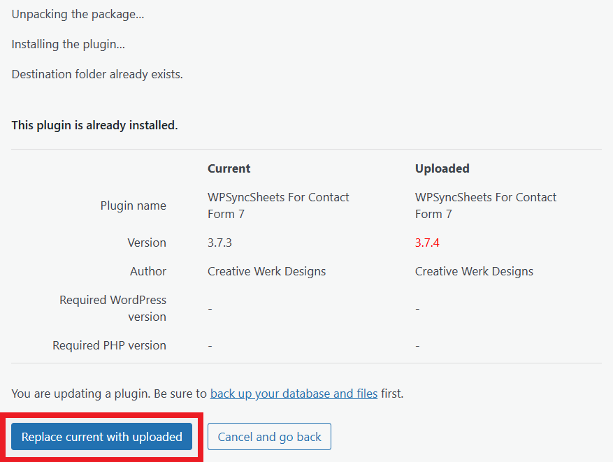 Replace current with uploaded Contact Form 7