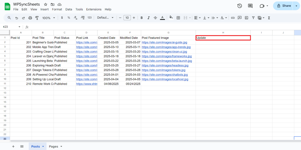 Update google sheet