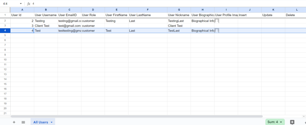 Insert Users updated Sheets