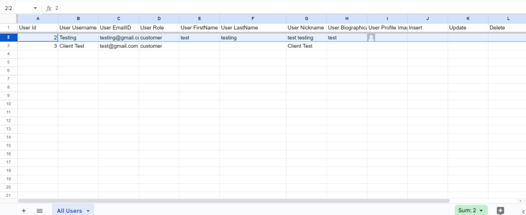 Update Users Sheets