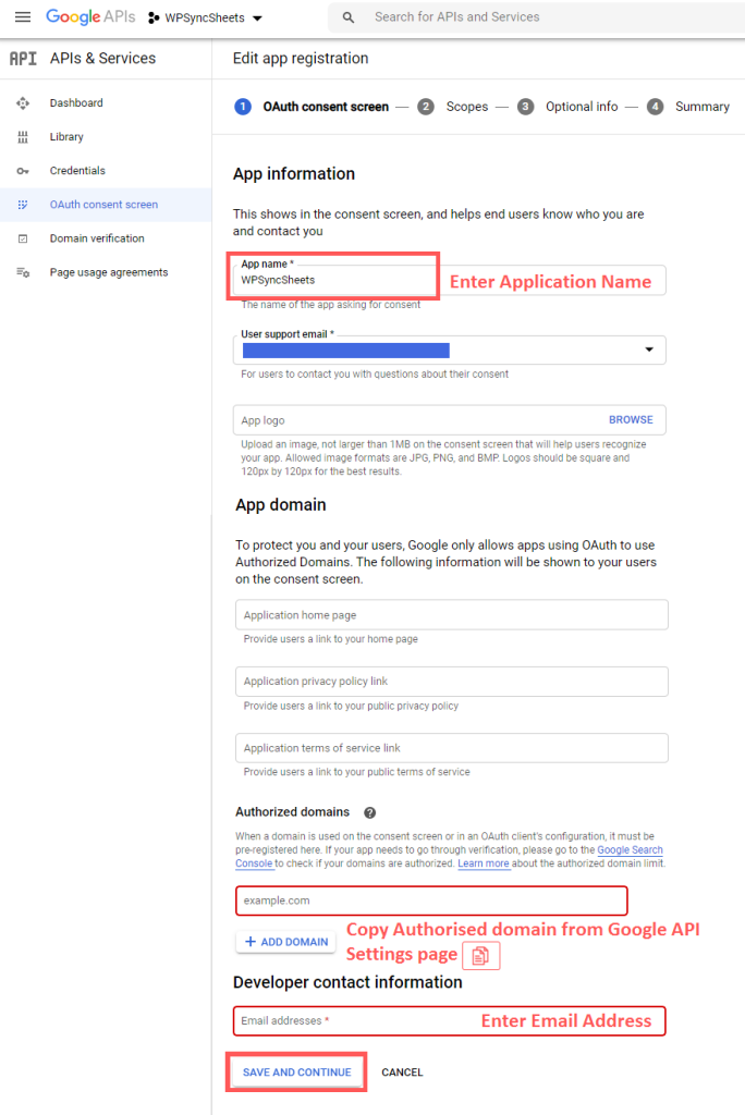 Enter Application Name and Save Credentials