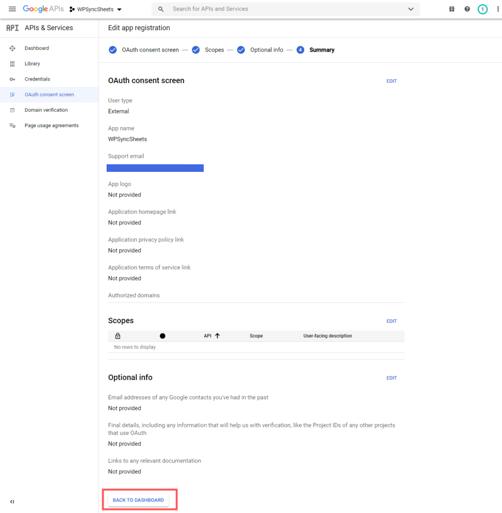 Click on Back to Dashboard