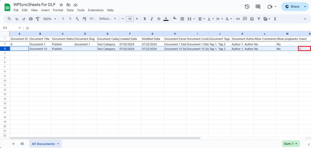 Insert Initial Spreadsheet