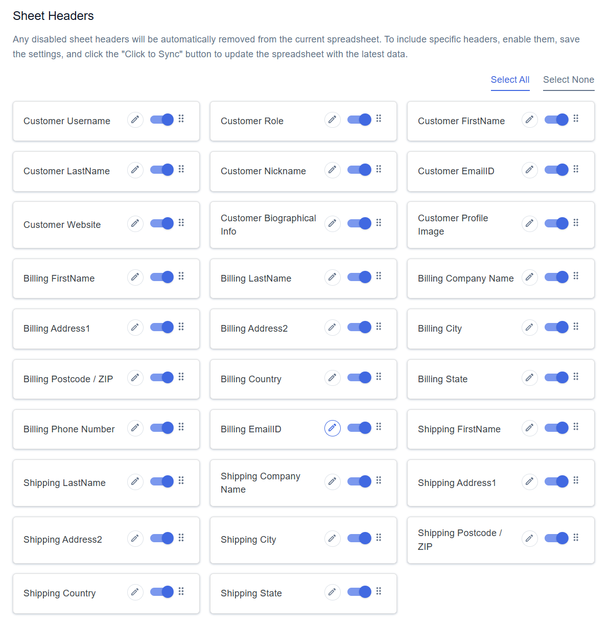 Customer Sheet Headers