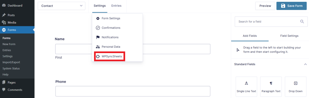 Settings WPSyncSheets